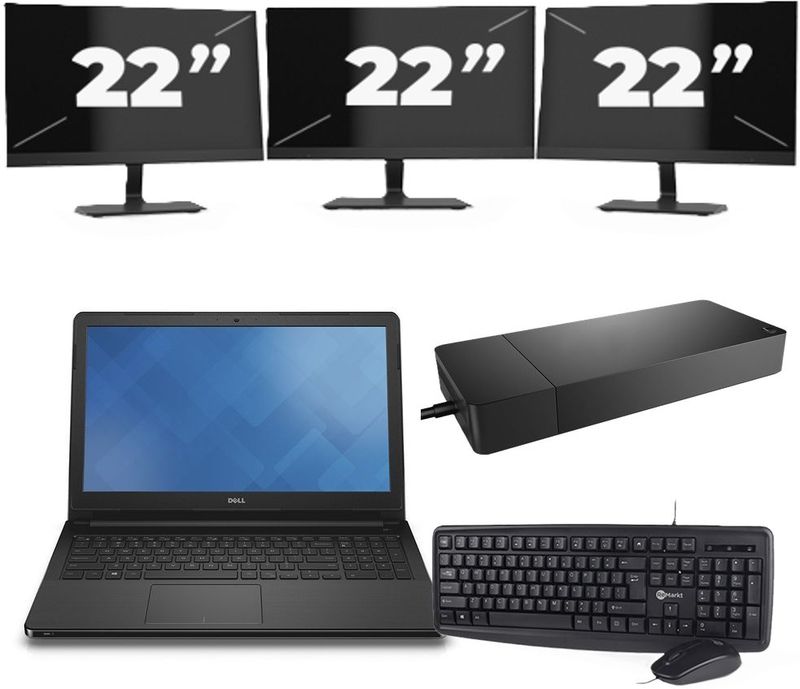 Dell Vostro 15-3568 - Intel Core i3-7e Generatie - 15 inch - 8GB RAM - 256GB SSD - Windows 11 Home + 3x 22 inch Monitor Zichtbare schade