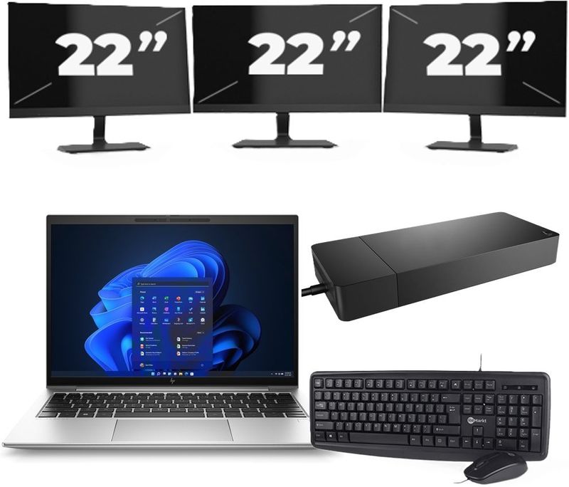 HP EliteBook 830 G9 - Intel Core i7-12e Generatie - 13 inch - 16GB RAM - 256GB SSD - Windows 11 Home + 3x 22 inch Monitor Zichtbaar gebruikt
