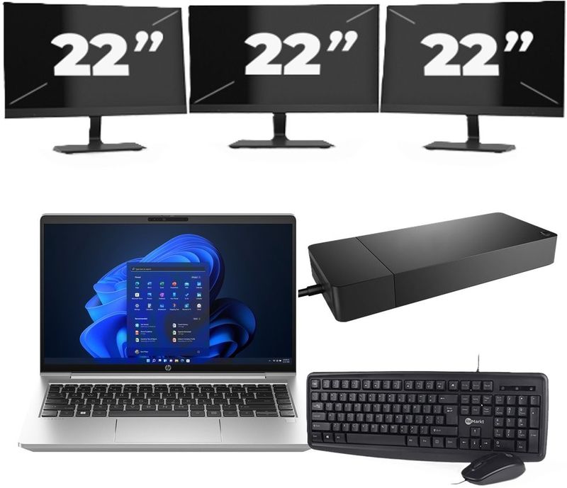 HP ProBook 440 G10 - Intel Core i3-13e Generatie - 14 inch - 16GB RAM - 256GB SSD - Windows 11 Home + 3x 22 inch Monitor Zichtbare schade