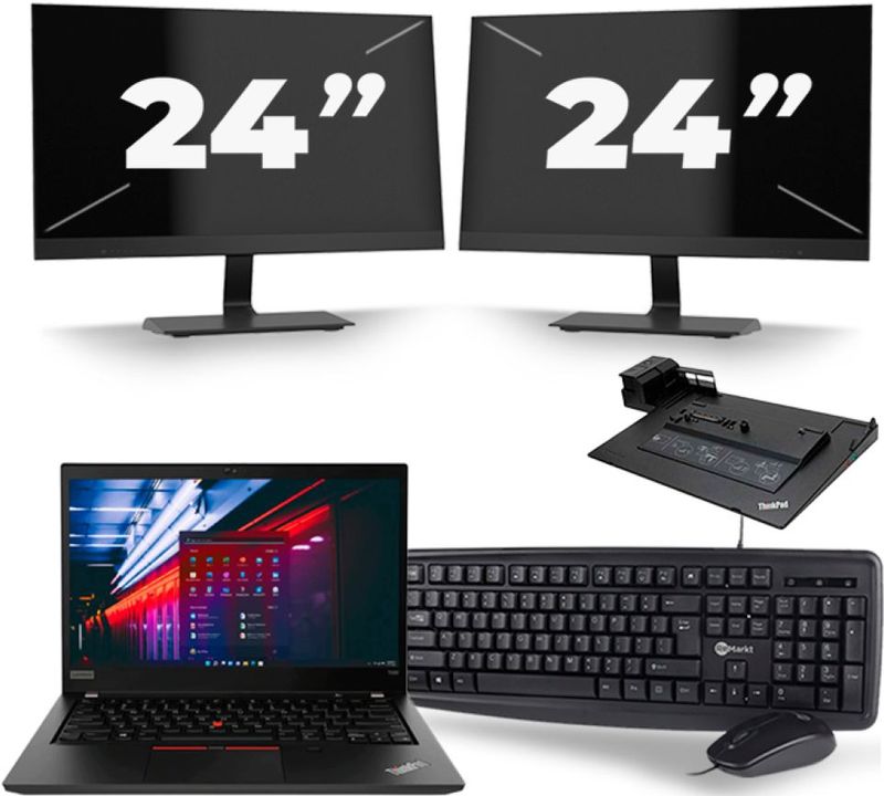 Lenovo ThinkPad T490 - Intel Core i5-8e Generatie - 14 inch - 16GB RAM - 256GB SSD - Windows 11 Home + 2x 24 inch Monitor Zichtbaar gebruikt