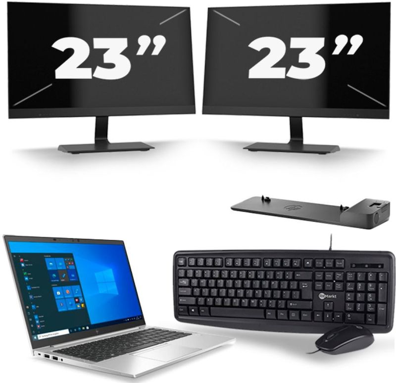 HP EliteBook 845 G7 - AMD Ryzen 3 Pro 4450U - 14 inch - 16GB RAM - 256GB SSD - Windows 10 Home + 2x 23 inch Monitor Zichtbaar gebruikt
