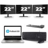 HP ProBook 650 G3 - Intel Core i7-7e Generatie - 15 inch - 16GB RAM - 256GB SSD - Windows 11 + 3x 22 inch Monitor Nette Staat