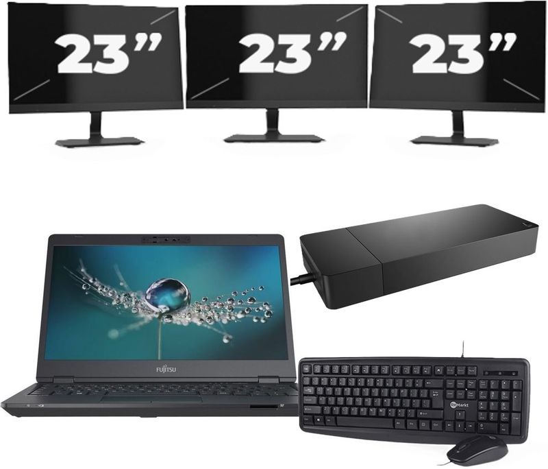 Fujitsu LIFEBOOK U7311 - Intel Core i5-11e Generatie - 13 inch - 16GB RAM - 256GB SSD - Windows 11 Home + 3x 23 inch Monitor Zichtbare schade