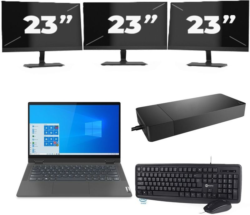 Lenovo IdeaPad Flex 5 14ITL05 - Intel Core i3-11e Generatie - 14 inch - 16GB RAM - 256GB SSD - Windows 11 Home + 3x 23 inch Monitor Zichtbaar gebruikt