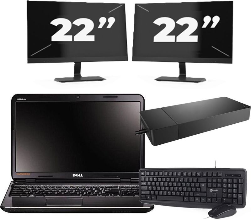 Dell Inspiron N5110 - Intel Core i3-2e Generatie - 15 inch - 8GB RAM - 256GB SSD - Windows 10 Home + 2x 22 inch Monitor Zichtbaar gebruikt
