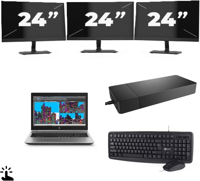 HP ZBook 15 G5 - Intel Core i7-8e Generatie - 15 inch - Touch - 16GB RAM - 256GB SSD - Windows 11 Home + 3x 24 inch Monitor Nette Staat