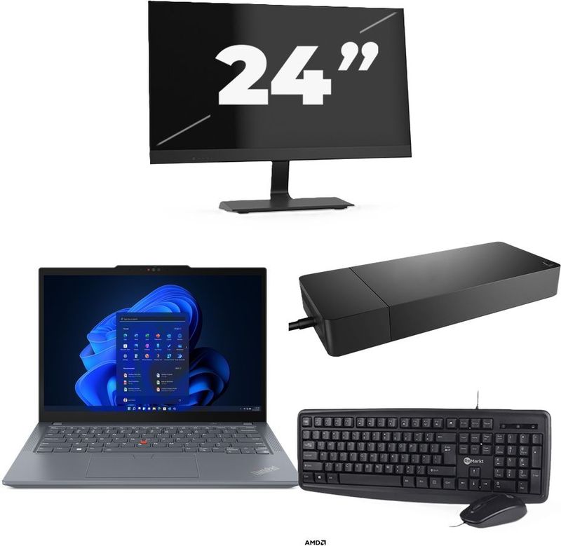 Lenovo ThinkPad X13 - AMD Ryzen 3 PRO 4450U - 13 inch - 8GB RAM - 256GB SSD - Windows 11 Home + 1x 24 inch Monitor Zichtbaar gebruikt