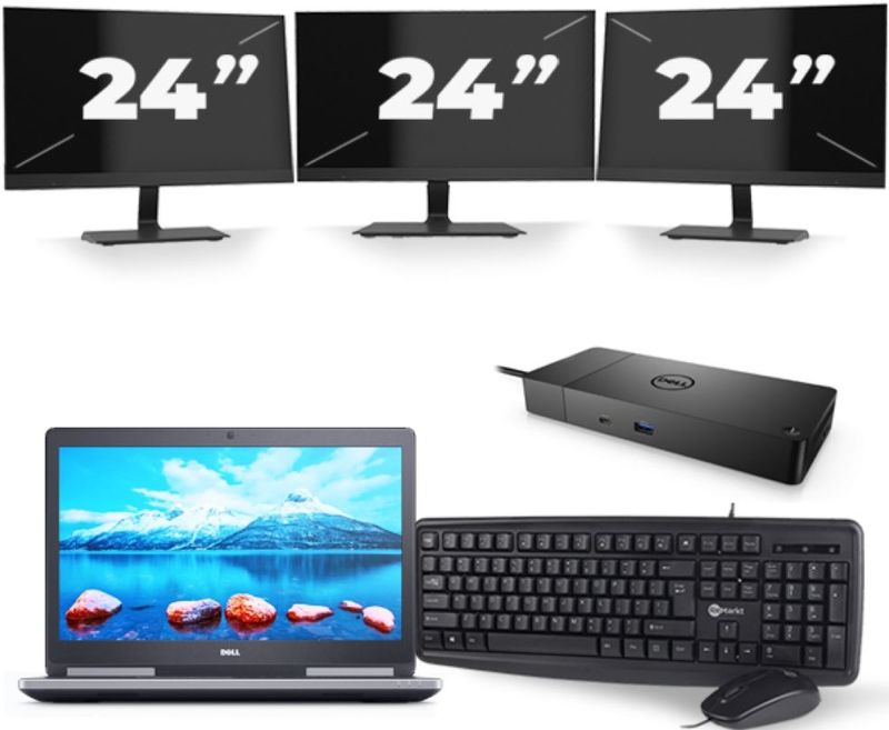 Dell Precision 7520 - Intel Core i7-7e Generatie - 15 inch - 16GB RAM - 256GB SSD - Windows 11 + 3x 24 inch Monitor Zichtbaar gebruikt