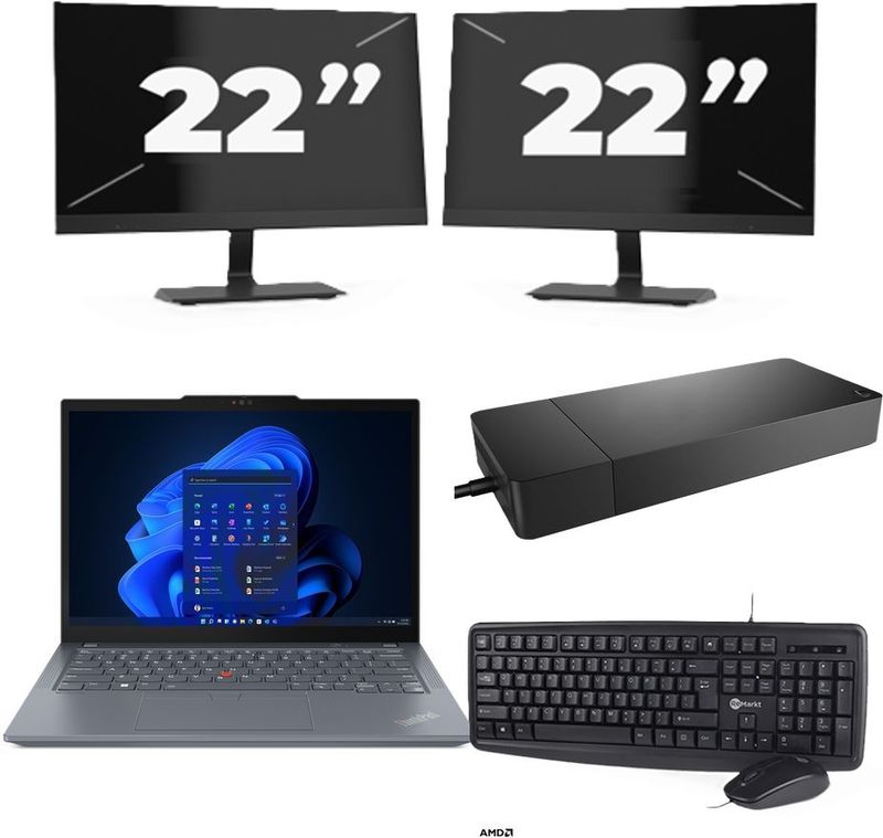 Lenovo ThinkPad X13 - AMD Ryzen 3 PRO 4450U - 13 inch - 8GB RAM - 256GB SSD - Windows 11 Home + 2x 22 inch Monitor Zichtbaar gebruikt