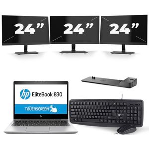 HP EliteBook 830 G5 - Intel Core i5-8e Generatie - 13 inch - 16GB RAM - 512GB SSD - Windows 11 + 3x 24 inch Monitor Nette Staat