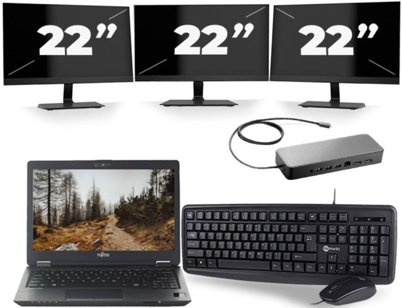 Fujitsu LifeBook U727 - Intel Core i7-7e Generatie - 12 inch - 16GB RAM - 256GB SSD - Windows 11 + 3x 22 inch Monitor Zichtbaar gebruikt