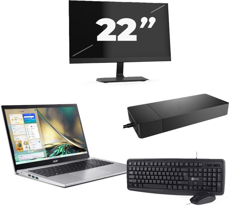Acer Aspire A315-44P - AMD Ryzen 7 5700U - 15 inch - 16GB RAM - 256GB SSD - Windows 11 Home + 1x 22 inch Monitor Nette Staat