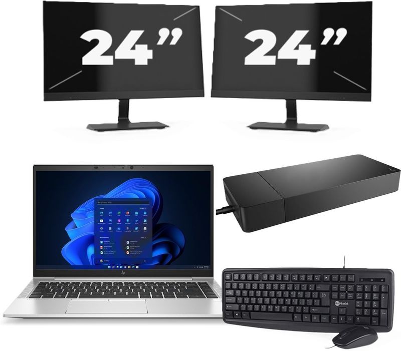 HP EliteBook 845 G8 - AMD Ryzen 7 PRO 5850U - 14 inch - 16GB RAM - 256GB SSD - Windows 11 Home + 2x 24 inch Monitor Zichtbaar gebruikt