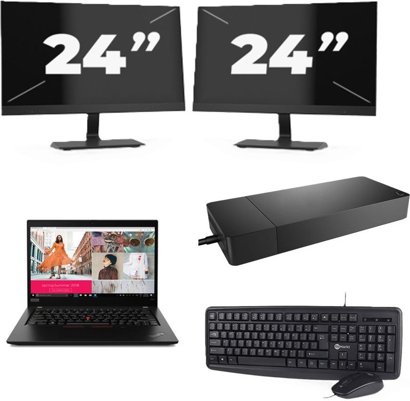 Lenovo ThinkPad X390 - Intel Core i5-8e Generatie - 13 inch - 8GB RAM - 256GB SSD - Windows 11 + 2x 24 inch Monitor Nette Staat