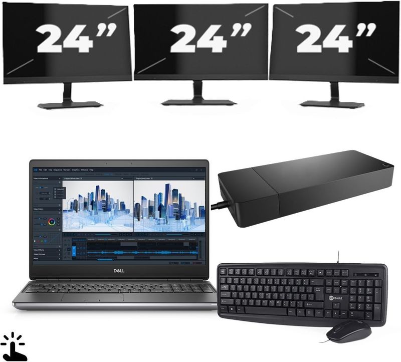 Dell Precision 7560 - Intel Core i7-11e Generatie - 15 inch - Touch - 16GB RAM - 256GB SSD - Windows 11 Home + 3x 24 inch Monitor Zichtbaar gebruikt