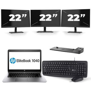HP EliteBook Folio 1040 G1 - Intel Core i5-4e Generatie - 14 inch - 8GB RAM - 240GB SSD - Windows 11 + 3x 22 inch Monitor Zichtbaar gebruikt