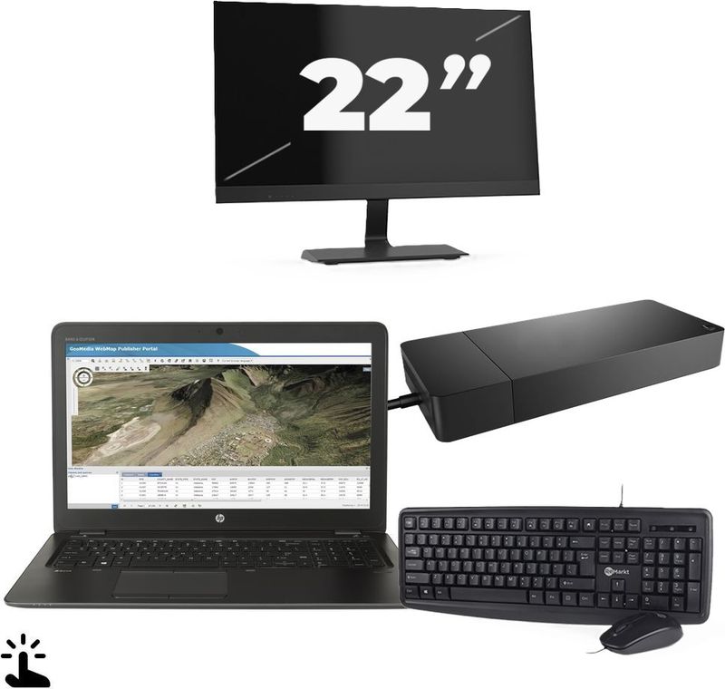 HP ZBook 15u G3 - Intel Core i7-6e Generatie - 15 inch - Touch - 16GB RAM - 256GB SSD - Windows 11 Home + 1x 22 inch Monitor Zichtbare schade