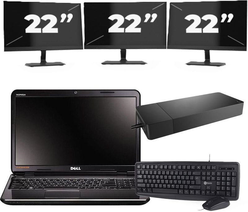 Dell Inspiron N5110 - Intel Core i3-2e Generatie - 15 inch - 8GB RAM - 256GB SSD - Windows 10 Home + 3x 22 inch Monitor Zichtbaar gebruikt