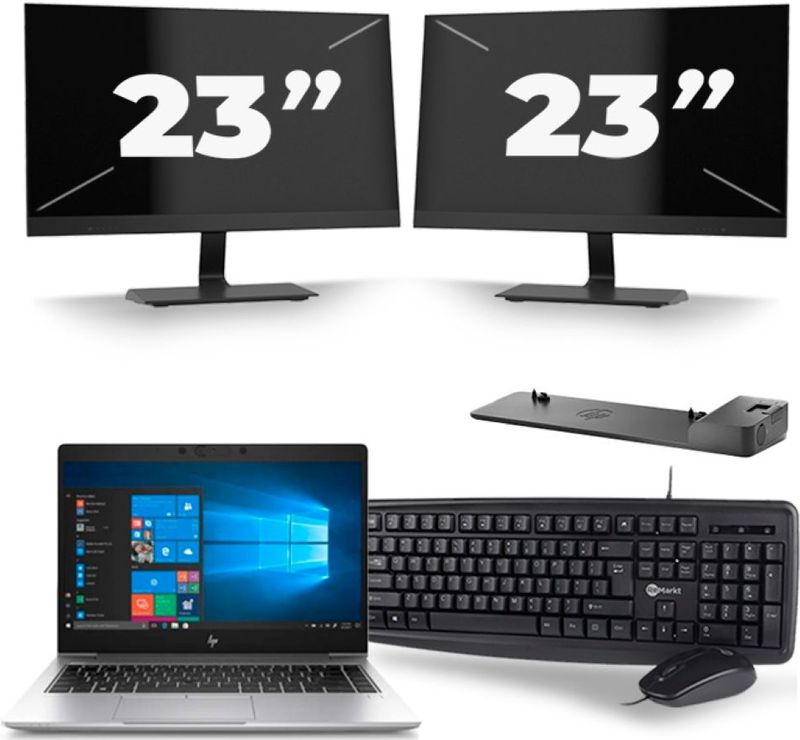 HP EliteBook 745 G6 - AMD Ryzen 3 3300U - 14 inch - 16GB RAM - 256GB SSD - Windows 11 Home + 2x 23 inch Monitor Zichtbaar gebruikt
