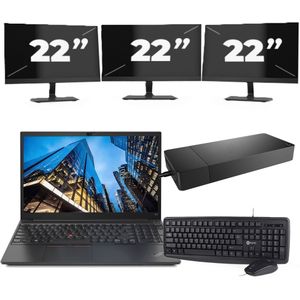 Lenovo E15 - Intel Core i3-10e Generatie - 15 inch - 16GB RAM - 256GB SSD - Windows 11 Home + 3x 22 inch Monitor Nette Staat