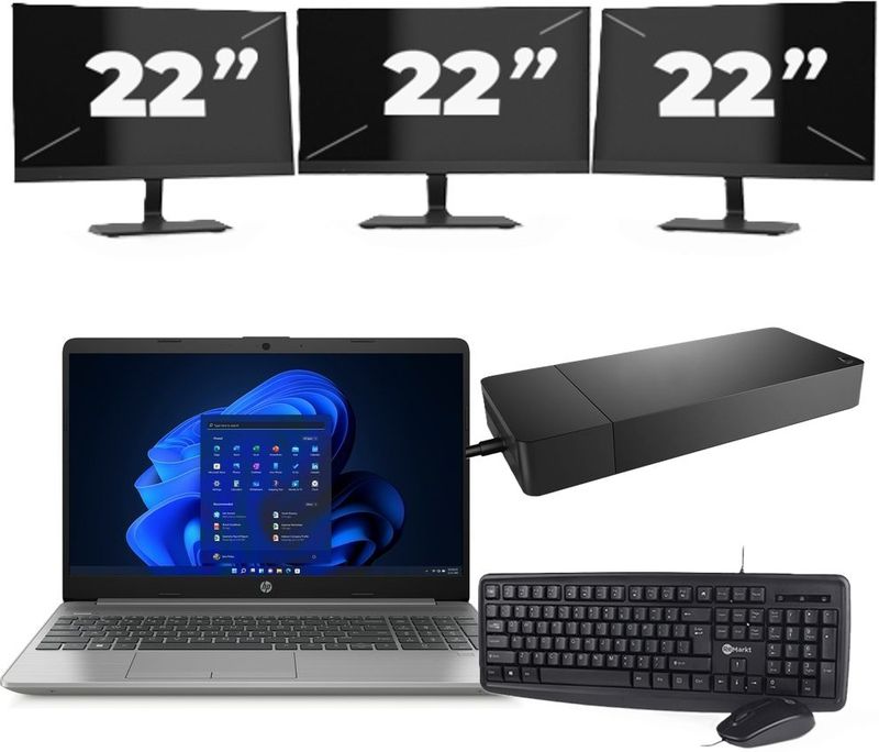 HP 250 G8 - Intel Core i5-11e Generatie - 15 inch - 16GB RAM - 256GB SSD - Windows 11 Home + 3x 22 inch Monitor Zichtbare schade