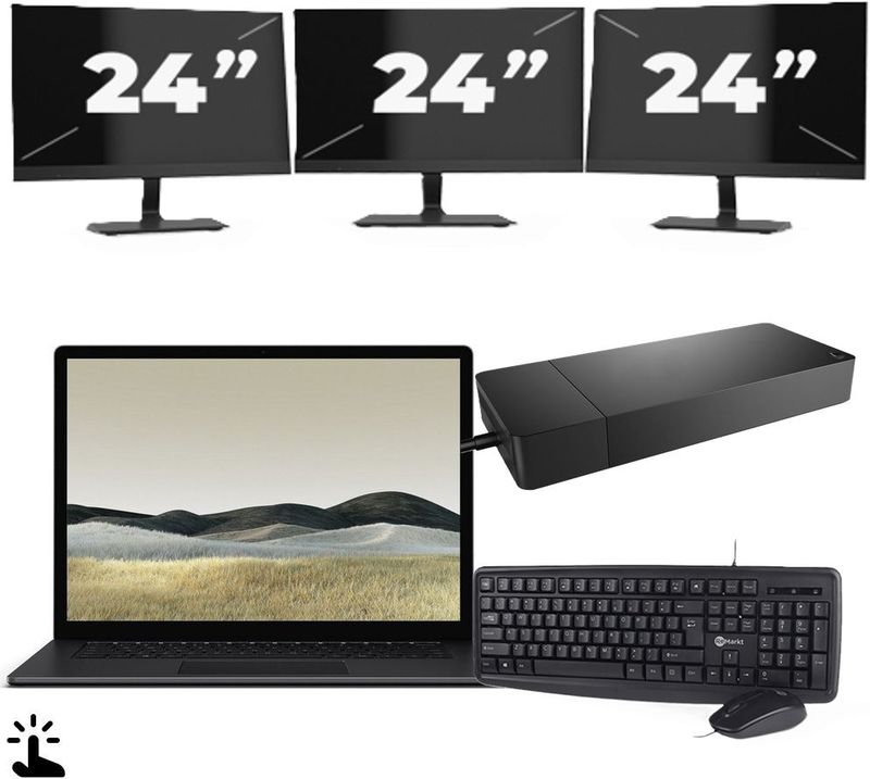 Microsoft Surface Laptop 3 - Intel Core i7-10e Generatie - 15 inch - Touch - 16GB RAM - 256GB SSD - Windows 11 Home + 3x 24 inch Monitor Zichtbaar gebruikt