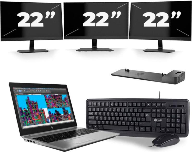 HP ZBook 15 G5 - Intel Core i7-8e Generatie - 15 inch - 16GB RAM - 256GB SSD - Windows 11 + 3x 22 inch Monitor Nette Staat