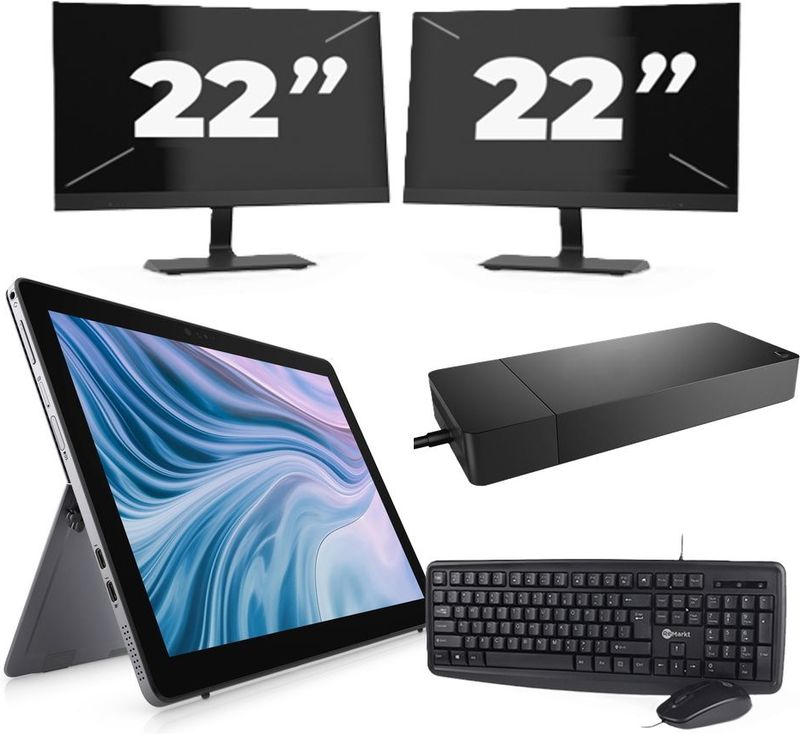 Dell Latitude 7210 - Intel Core i7-10e Generatie - 12 inch - 16GB RAM - 256GB SSD - Windows 11 Home + 2x 22 inch Monitor Zichtbaar gebruikt