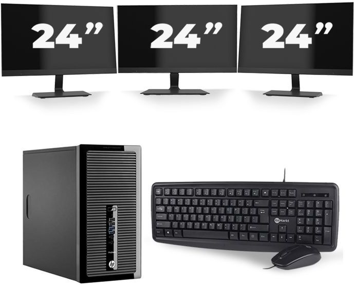 HP ProDesk 400 G2 Micro Tower - Intel Core i5-4e Generatie - 8GB RAM - 256GB SSD - Windows 10 + 3x 24 inch Monitor Nette Staat