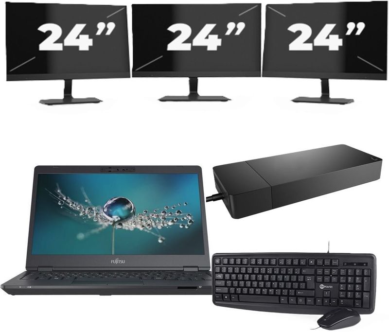 Fujitsu LIFEBOOK U7311 - Intel Core i5-11e Generatie - 13 inch - 16GB RAM - 256GB SSD - Windows 11 Home + 3x 24 inch Monitor Nette Staat