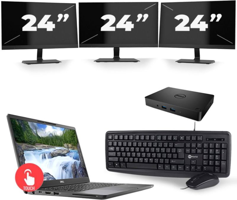 Dell Latitude 7300 - Intel Core i5-8e Generatie - 13 inch - Touch - 16GB RAM - 256GB SSD - Windows 11 Home + 3x 24 inch Monitor Zichtbaar gebruikt