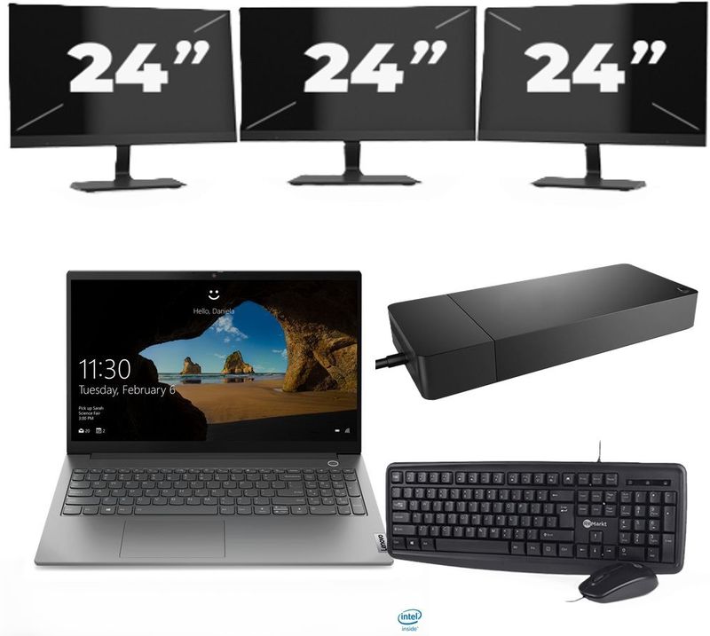 Lenovo ThinkBook 15 G2 ITL - Intel Core i5-11e Generatie - 15 inch - 16GB RAM - 256GB SSD - Windows 11 Home + 3x 24 inch Monitor Nette Staat