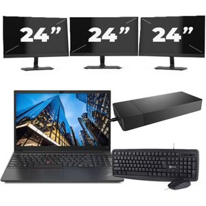 Lenovo E15 - Intel Core i3-10e Generatie - 15 inch - 16GB RAM - 256GB SSD - Windows 11 Home + 3x 24 inch Monitor Zichtbaar gebruikt