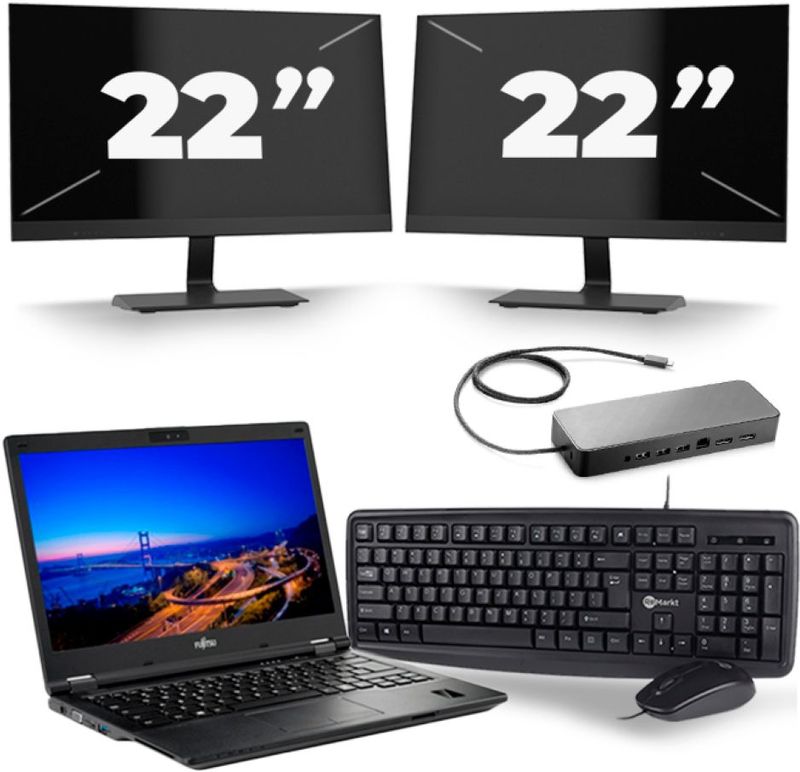 Fujitsu LifeBook E549 - Intel Core i5-8e Generatie - 14 inch - 16GB RAM - 256GB SSD - Windows 11 + 2x 22 inch Monitor Zichtbaar gebruikt