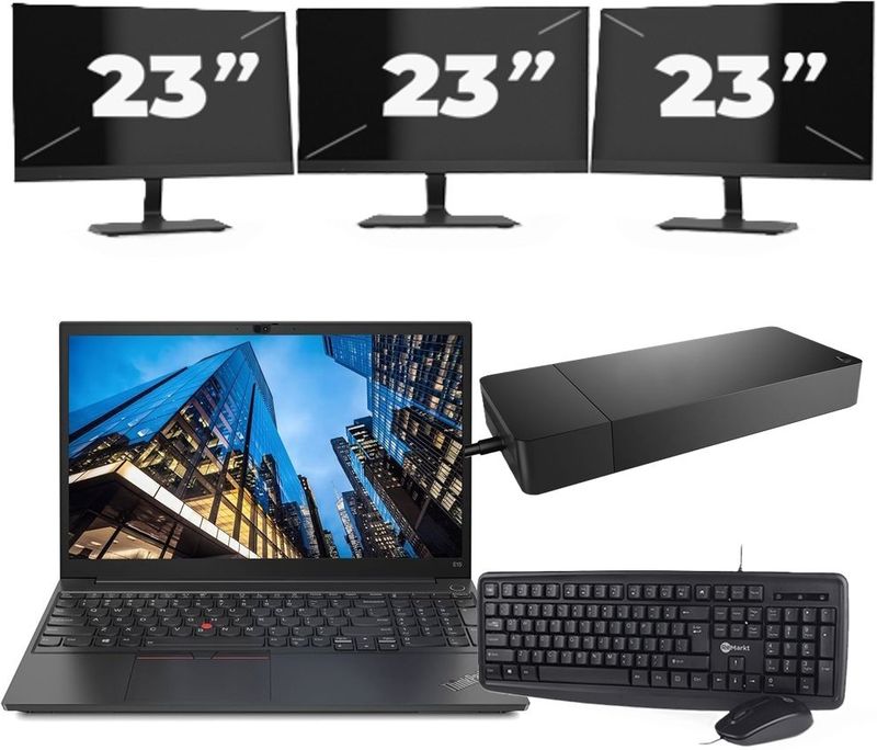 Lenovo E15 - Intel Core i3-10e Generatie - 15 inch - 16GB RAM - 256GB SSD - Windows 11 Home + 3x 23 inch Monitor Nette Staat