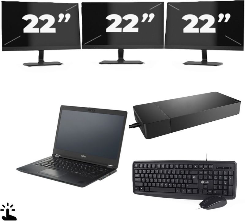 Fujitsu Lifebook U7410 - Intel Core i5-10e Generatie - 14 inch - Touch - 16GB RAM - 256GB SSD - Windows 11 Home + 3x 22 inch Monitor Nette Staat