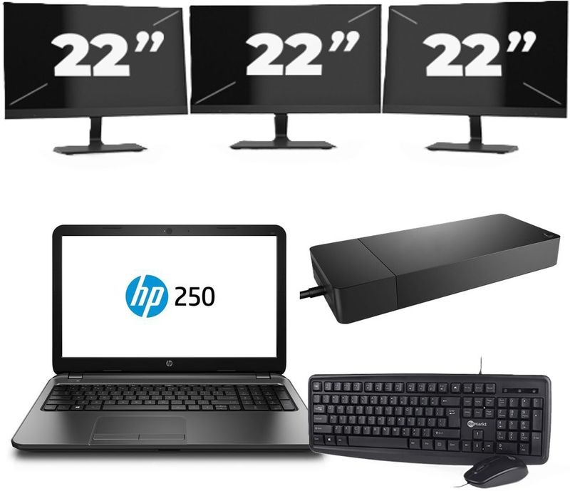 HP 250 G3 - Intel Core i3-4e Generatie - 15 inch - 8GB RAM - 256GB SSD - Windows 11 Home + 3x 22 inch Monitor Zichtbaar gebruikt