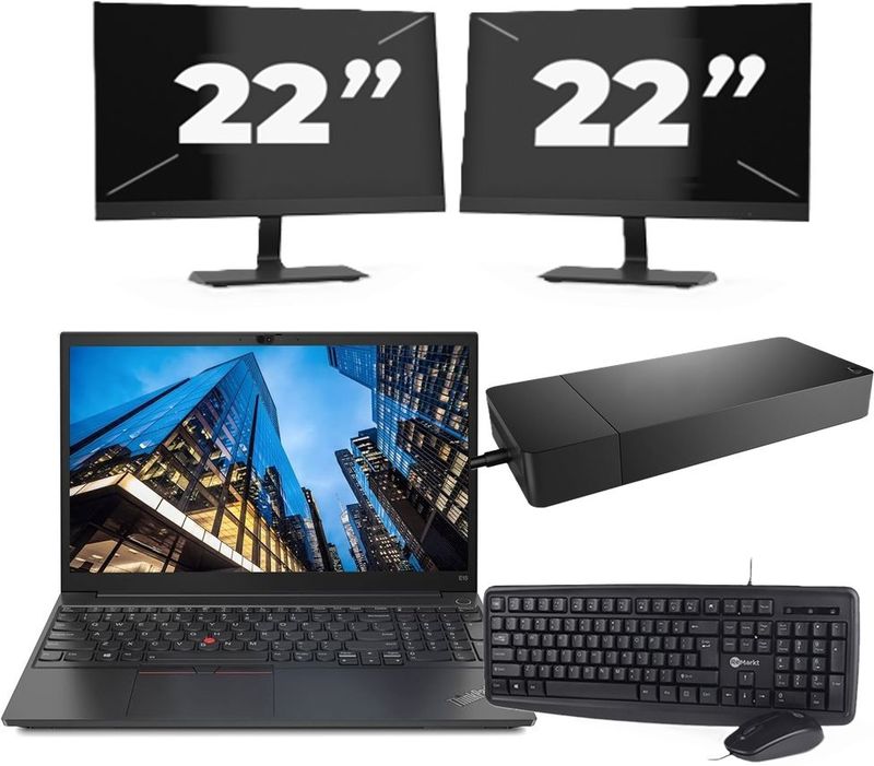 Lenovo E15 - Intel Core i3-10e Generatie - 15 inch - 16GB RAM - 256GB SSD - Windows 11 Home + 2x 22 inch Monitor Nette Staat