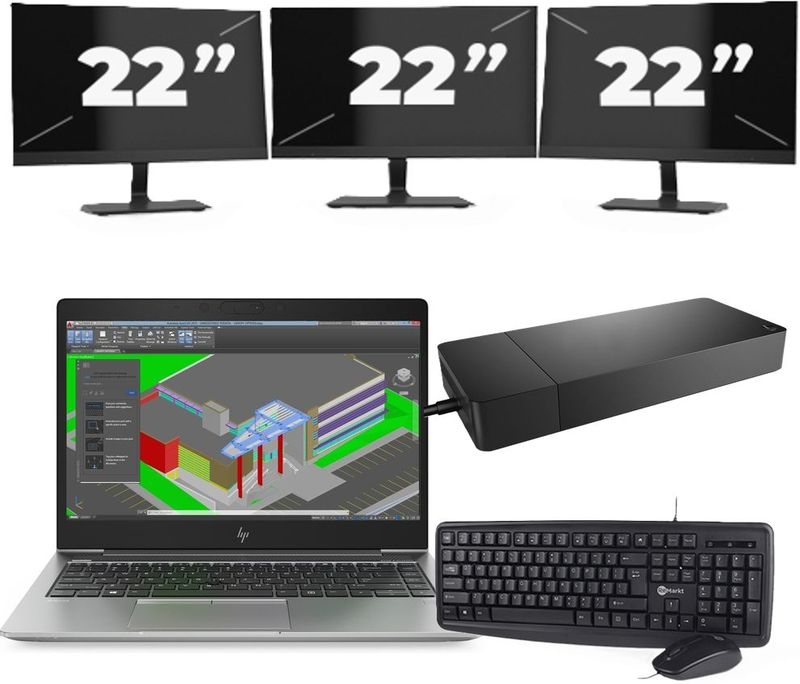 HP ZBook 14u G5 - Intel Core i7-8e Generatie - 14 inch - 16GB RAM - 256GB SSD - Windows 11 + 3x 22 inch Monitor Zichtbaar gebruikt