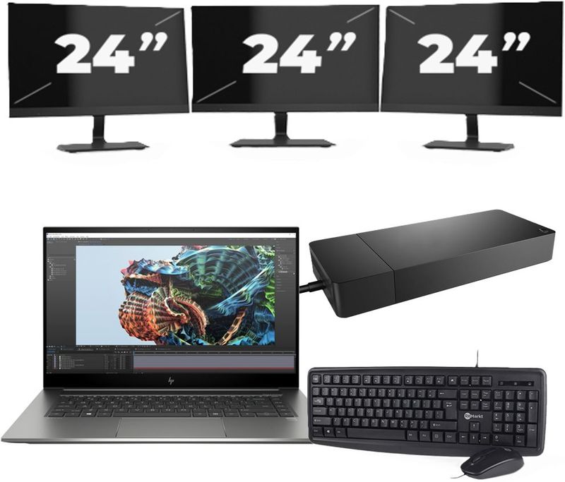 HP Zbook Studio G8 - Intel Core i7-11e Generatie - 15 inch - 16GB RAM - 256GB SSD - Windows 11 Home + 3x 24 inch Monitor Nette Staat