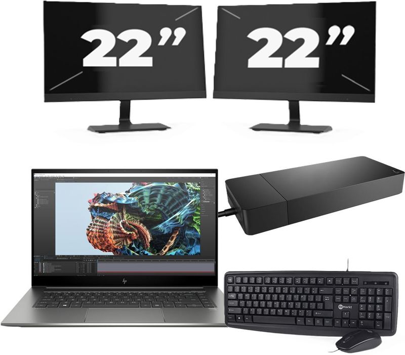 HP Zbook Studio G8 - Intel Core i7-11e Generatie - 15 inch - 16GB RAM - 256GB SSD - Windows 11 Home + 2x 22 inch Monitor Nette Staat