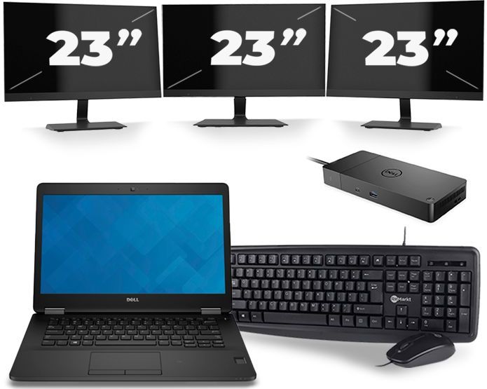Dell Latitude E7470 - Intel Core i5-6e Generatie - 14 inch - 8GB RAM - 256GB SSD - Windows 11 + 3x 23 inch Monitor Zichtbaar gebruikt