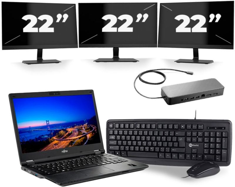 Fujitsu LifeBook E549 - Intel Core i5-8e Generatie - 14 inch - 16GB RAM - 256GB SSD - Windows 11 + 3x 22 inch Monitor Zichtbaar gebruikt