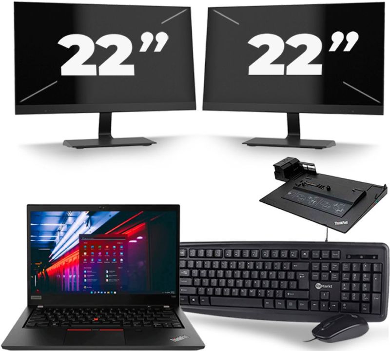 Lenovo ThinkPad T490 - Intel Core i5-8e Generatie - 14 inch - 16GB RAM - 256GB SSD - Windows 11 Home + 2x 22 inch Monitor Zichtbaar gebruikt