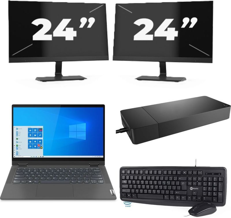 Lenovo IdeaPad Flex 5 14ITL05 - Intel Core i3-11e Generatie - 14 inch - 16GB RAM - 256GB SSD - Windows 11 Home + 2x 24 inch Monitor Zichtbaar gebruikt