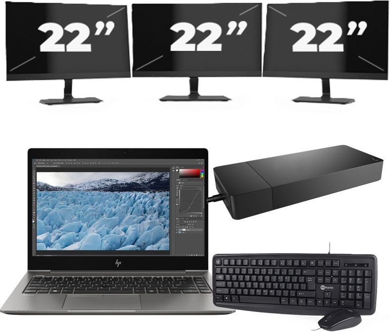 HP ZBook 14u G6 - Intel Core i7-8e Generatie - 14 inch - 16GB RAM - 256GB SSD - Windows 11 + 3x 22 inch Monitor Nette Staat