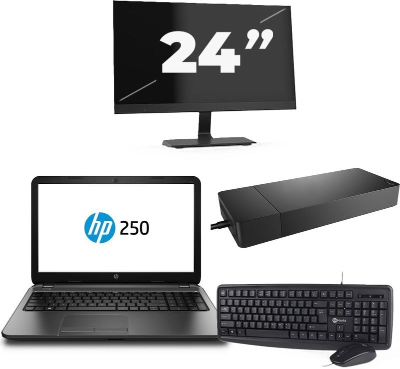HP 250 G3 - Intel Core i3-4e Generatie - 15 inch - 8GB RAM - 256GB SSD - Windows 11 Home + 1x 24 inch Monitor Zichtbaar gebruikt