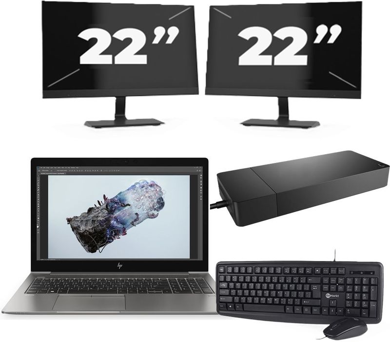 HP ZBook 15u G6 - Intel Core i7-8e Generatie - 15 inch - 16GB RAM - 256GB SSD - Windows 11 + 2x 22 inch Monitor Zichtbaar gebruikt