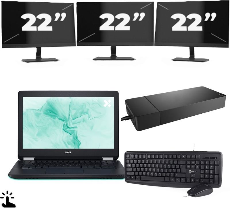 Dell Latitude E5270 - Intel Core i3-6e Generatie - 12 inch - Touch - 8GB RAM - 256GB SSD - Windows 11 Home + 3x 22 inch Monitor Nette Staat