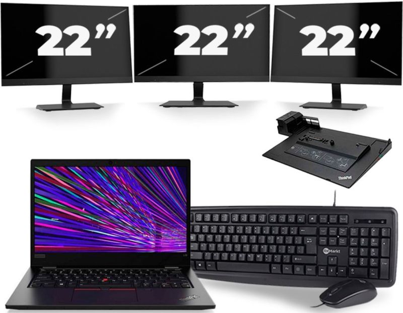 Lenovo ThinkPad L13 - Intel Core i7-10e Generatie - 13 inch - 16GB RAM - 256GB SSD - Windows 11 Home + 3x 22 inch Monitor Nette Staat